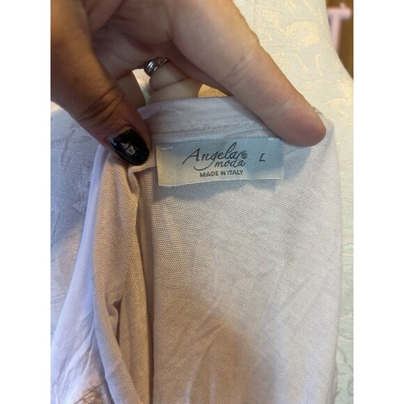 Angela Moda Pink Champagne Silk Blouse Floral Pink Embroidered Silk ITALY Sz L - Picture 8 of 10